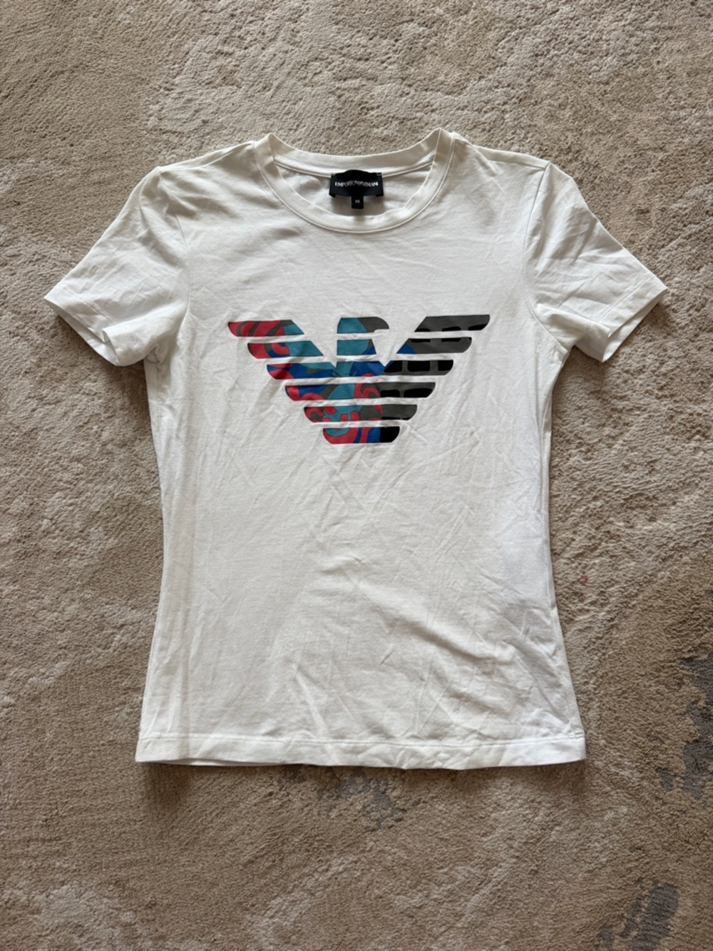 Emporio Armani White Tee with Multicolor Eagle Logo